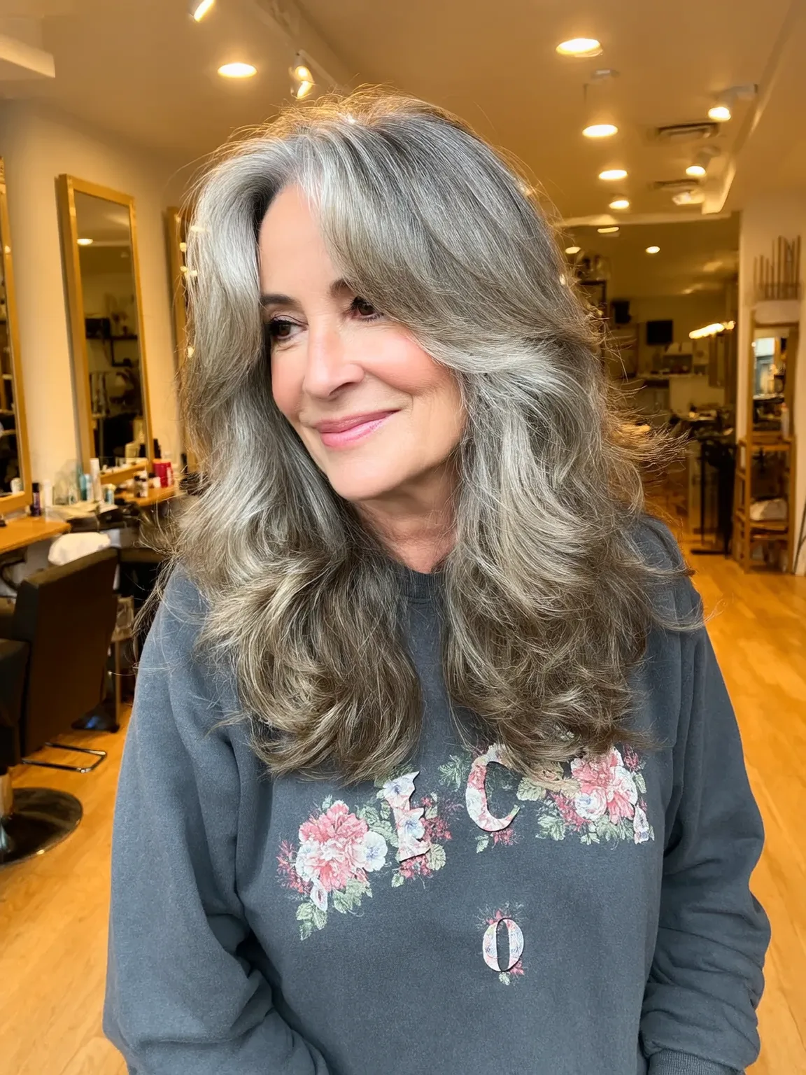 Voluminous Silver Frost Long Layers with Curtain Bangs